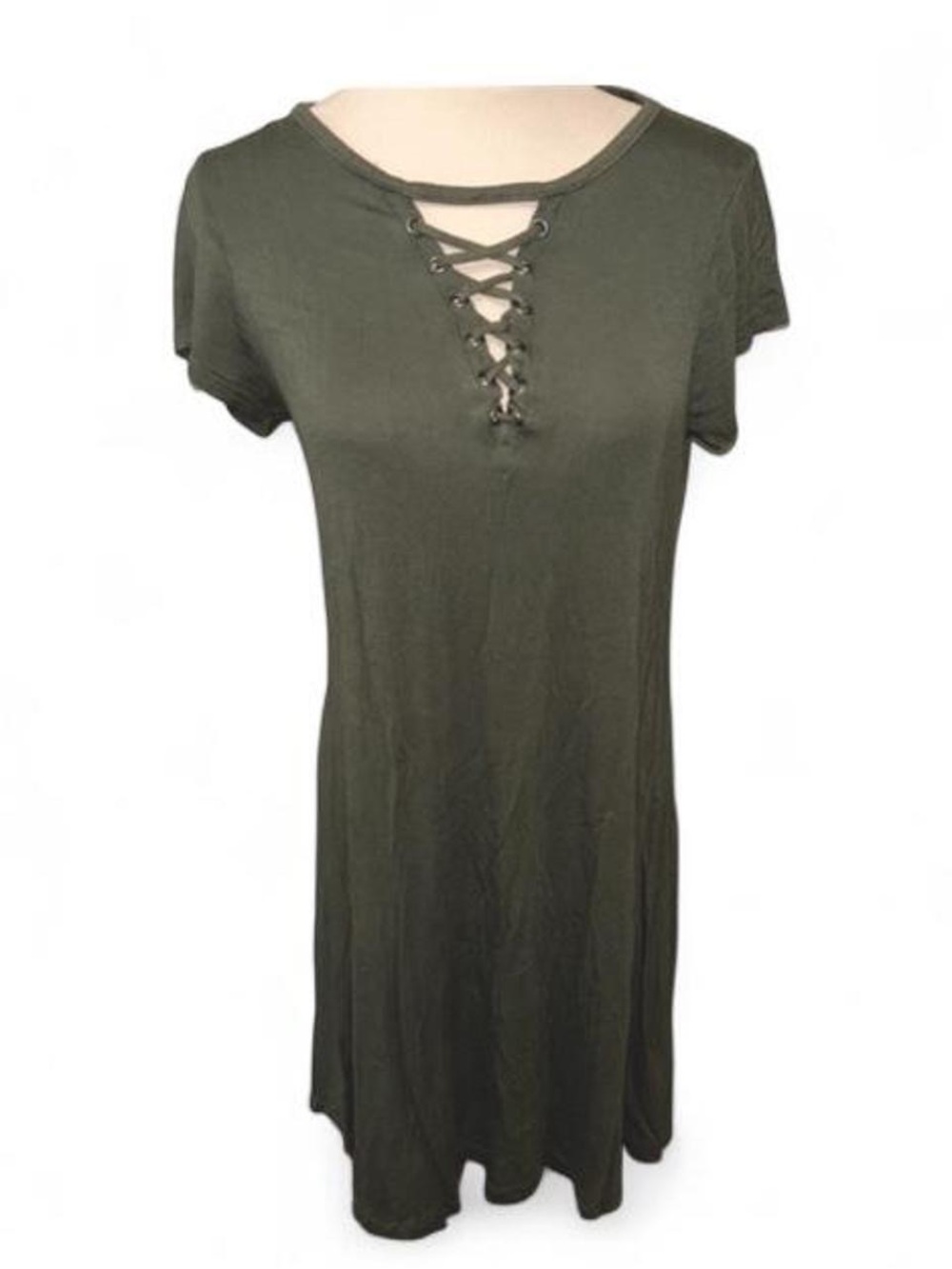 Express Front Lace Up Trapeze Hem Cotton Dress - Olive Green